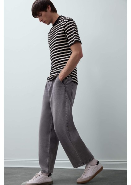 Boxy Fit Bisiklet Yaka Çizgili Kısa Kollu Ağır Kumaş Tişört B5910AX25SP fiyatları