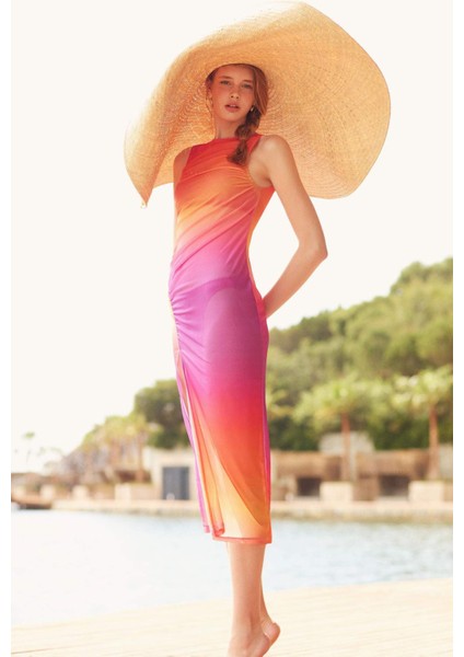 Regular Fit Degrade Baskılı Tül Maxi Plaj Elbisesi-Fall in Love C4417AX24HS