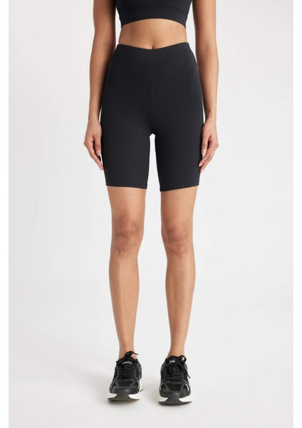 Siyah Yüksek Bel Beli Saran Biker Esnek Kısa Basic Düz Sporcu Tayt Z6741AZ24AU