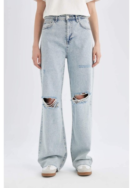 90's Wide Leg Yırtık Detaylı Yüksek Bel Paça Ucu Kesik Uzun Jean Yıkamalı Pantolon C2395AX24SP