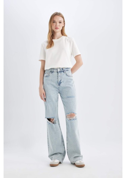 90's Wide Leg Yırtık Detaylı Yüksek Bel Paça Ucu Kesik Uzun Jean Yıkamalı Pantolon C2395AX24SP fiyatları