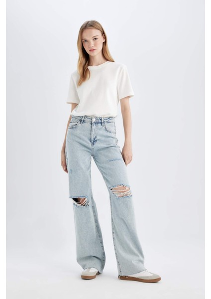 90's Wide Leg Yırtık Detaylı Yüksek Bel Paça Ucu Kesik Uzun Jean Yıkamalı Pantolon C2395AX24SP fırsatları