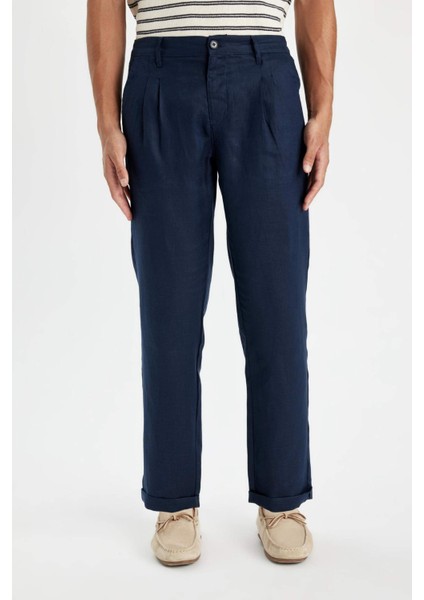 %100 Keten Normal Kesim Crop Duble Paça Yazlık Kumaş Pantolon C1826AX24SM