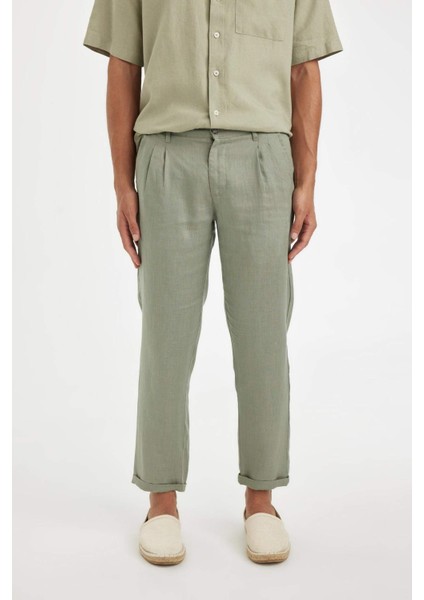 %100 Keten Normal Kesim Crop Duble Paça Yazlık Kumaş Pantolon C1826AX24SM