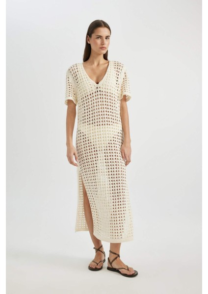 V Yaka Kısa Kollu Triko Örgü Plaj Elbisesi-Fall in Love C6138AX24SM modelleri