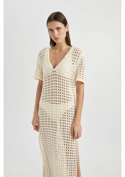 V Yaka Kısa Kollu Triko Örgü Plaj Elbisesi-Fall in Love C6138AX24SM fırsatları