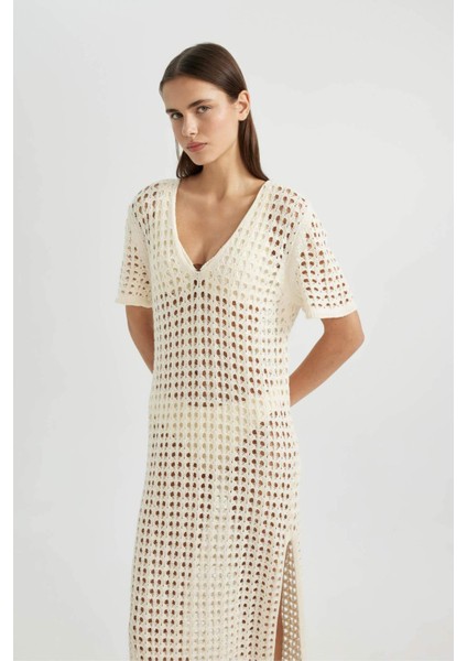 V Yaka Kısa Kollu Triko Örgü Plaj Elbisesi-Fall in Love C6138AX24SM indirimleri