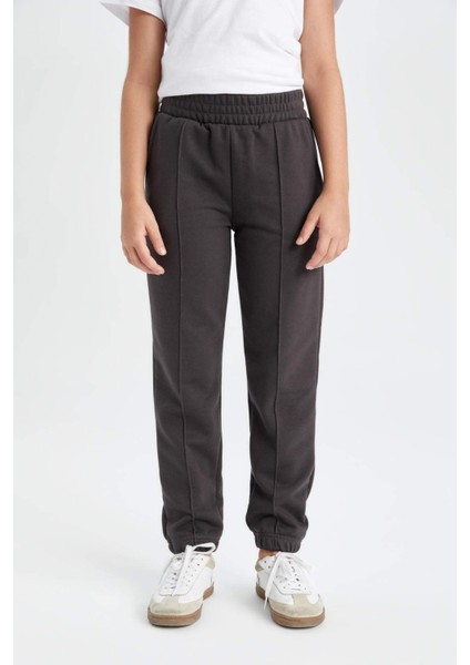 Kız Çocuk Antrasit Standart Fit Beli Paçası Lastikli Cepli Basic Düz Okul Jogger Eşofman Altı X9036A624AU