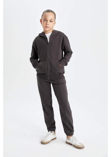 Kız Çocuk Antrasit Standart Fit Beli Paçası Lastikli Cepli Basic Düz Okul Jogger Eşofman Altı X9036A624AU