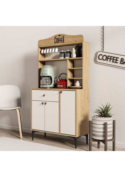 5224 Sıesta 90 cm Kahve Köşesi Çok Amaçlı Dolap 3 Kapaklı 1 Çekmeceli Kiler Mutfak Dolabı Sepet - Beyaz