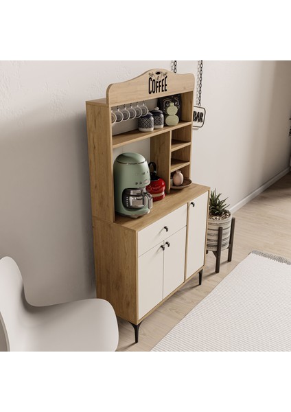5224 Sıesta 90 cm Kahve Köşesi Çok Amaçlı Dolap 3 Kapaklı 1 Çekmeceli Kiler Mutfak Dolabı Sepet - Beyaz