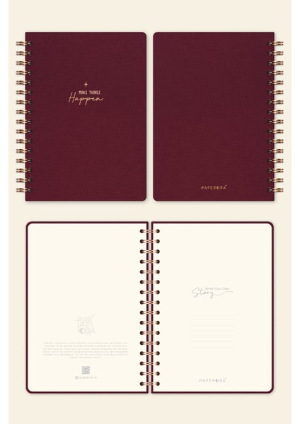 A5 Spiralli Sert Kapak Keten Düz Çizgisiz Tarihsiz Not Defteri Bordo