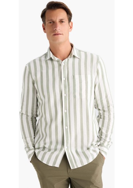 %100 Pamuk Regular Fit Polo Yaka Çizgili Uzun Kollu Gömlek D6114AX25SM