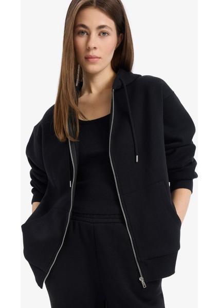 Siyah Okula Dönüş Relax Fit Kapüşonlu Kalın Basic Düz Cepli Fermuarlı Sweatshirt D8717AX24WN