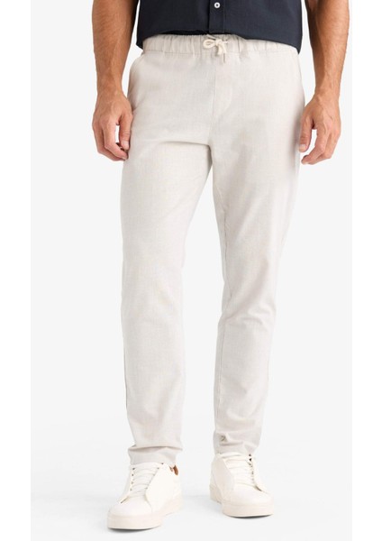 %100 Pamuk Keten Görünümlü Yazlık Jogger Pantolon Dar Paça Beli Bağcıklı Lastikli Cepli Z6475AZ25SP