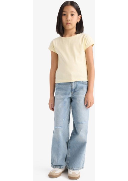 Kız Çocuk Slim Fit Dar Kesim Bisiklet Yaka Basic Düz Fitilli Kaşkorse Kısa Kollu Tişört B3053A825SM indirimleri