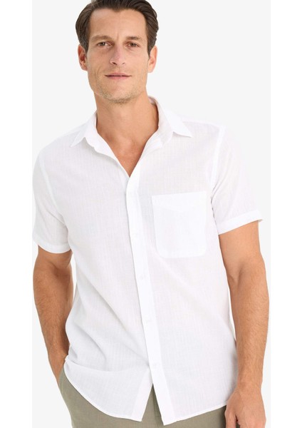 %100 Pamuk Regular Fit Yazlık Polo Yaka Keten Görünümlü Kısa Kollu Beyaz Gömlek D7551AX25SP fırsatları