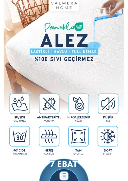 Pamuklu Su/Sıvı Geçirmez Alez | Havlu Yatak Koruyucu - Full Kenar Fitted | Bebek / Tek Çift Kişilik / Battal - Beyaz - 180 x 200 cm