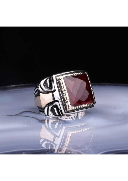 Gümüş Kare Fasetli Bordo Taşlı Erkek Yüzük - 31