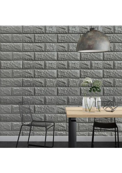 50X54 cm 0,27 M² Gri Silinebilir Kendinden Yapışkanlı Duvar Kağıdı Esnek Panel 3D Tuğla Desen