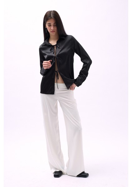 Bağlama Detay Saten Siyah Gömlek