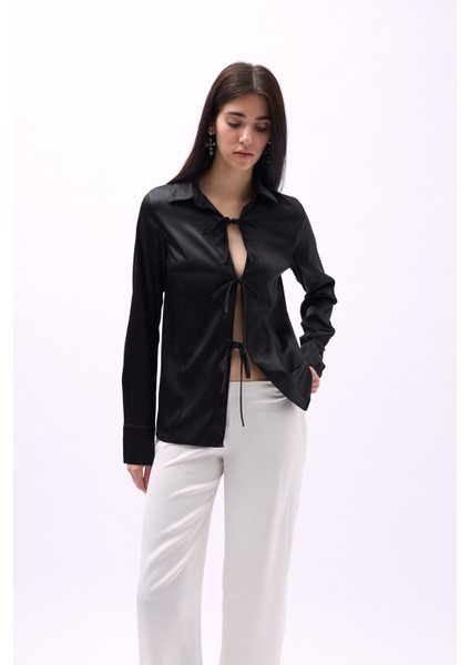 Bağlama Detay Saten Siyah Gömlek modelleri