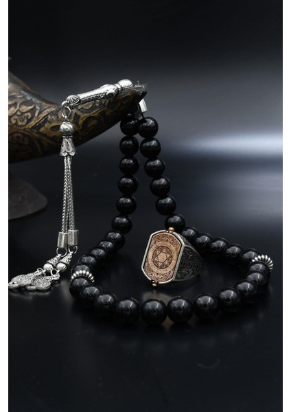 Doğal Oniks Taşlı Tesbih ve 925 Ayar Gümüş Yüzük Hz. Süleyman Mührü ve Ayetel Kürsi Çift Tarafli 901956