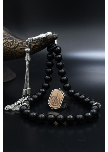 Doğal Oniks Taşlı Tesbih ve 925 Ayar Gümüş Yüzük Hz. Süleyman Mührü ve Ayetel Kürsi Çift Tarafli 901956 modelleri