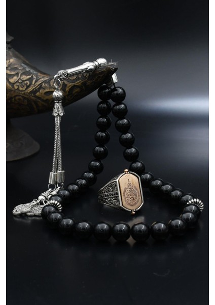 Doğal Oniks Taşlı Tesbih ve 925 Ayar Gümüş Yüzük Hz. Süleyman Mührü ve Ayetel Kürsi Çift Tarafli 901956 fırsatları