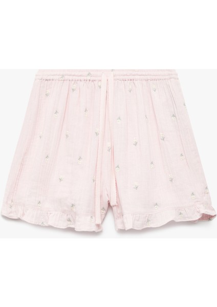 Pamuklu Rahat Kalıp Çiçek Işleme Detaylı Mini Şort Pijama Altı