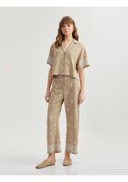 Viskon Etnik Desenli Işlemeli Kısa Kollu Oversize Crop Gömlek fiyatları