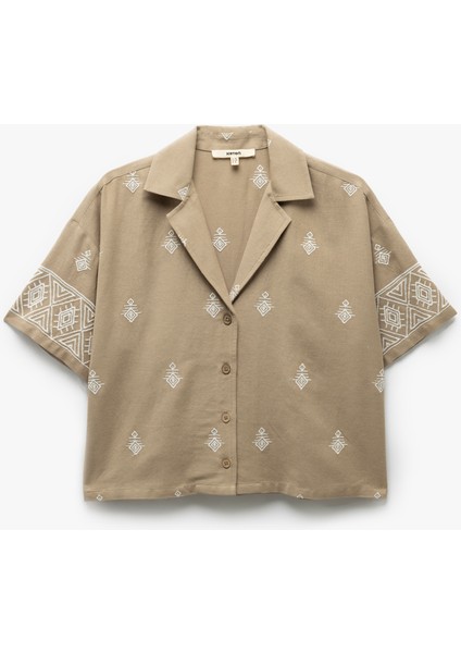 Viskon Etnik Desenli Işlemeli Kısa Kollu Oversize Crop Gömlek modelleri