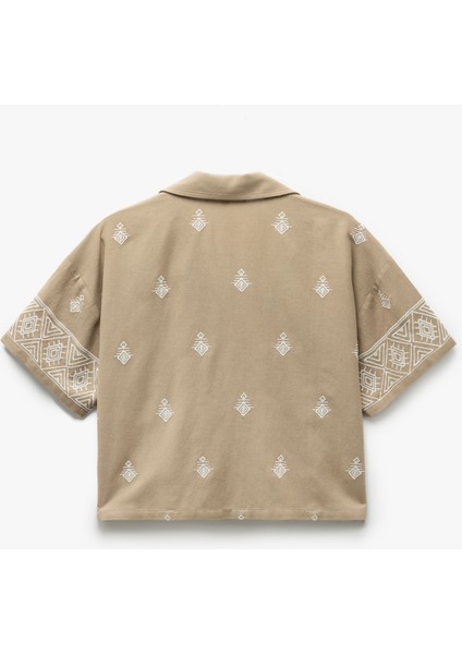 Viskon Etnik Desenli Işlemeli Kısa Kollu Oversize Crop Gömlek fırsatları