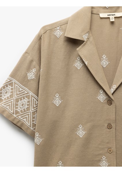 Viskon Etnik Desenli Işlemeli Kısa Kollu Oversize Crop Gömlek indirimleri