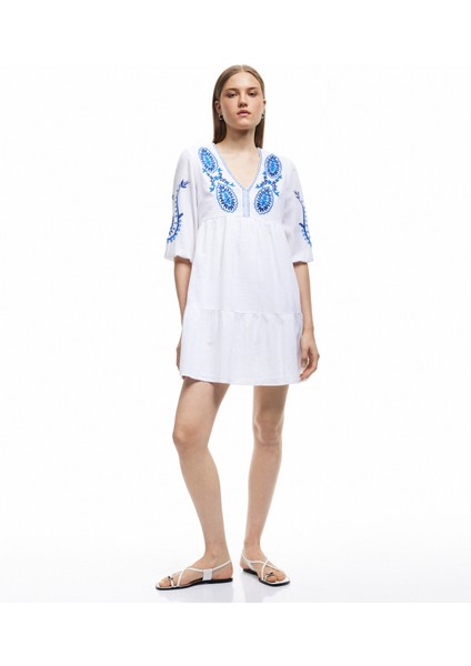 Pamuklu Bol Kalıp Astarlı Nakışlı Etnik Desenli Uzun Balon Kollu V Yaka Elbise