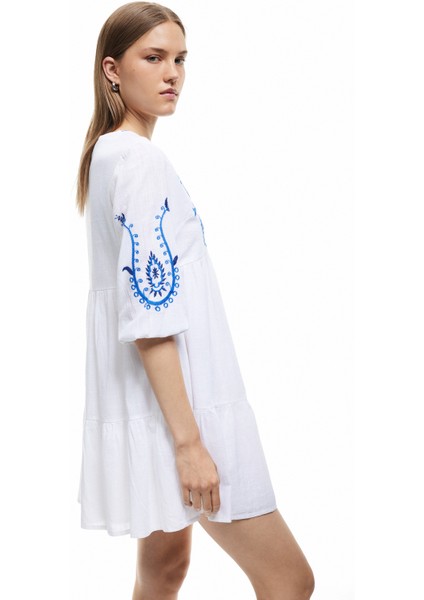 Pamuklu Bol Kalıp Astarlı Nakışlı Etnik Desenli Uzun Balon Kollu V Yaka Elbise fiyatları