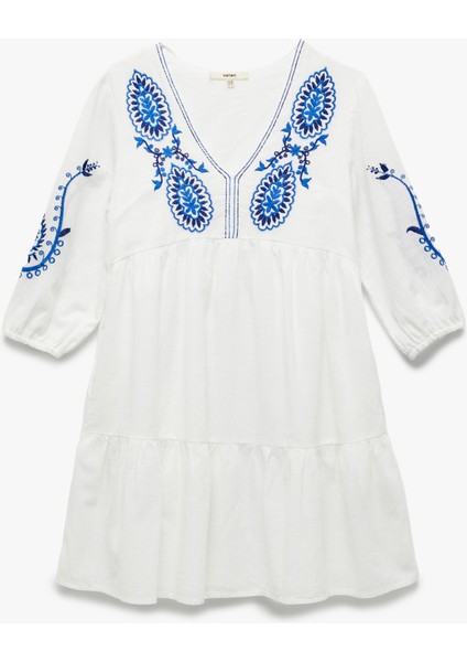 Pamuklu Bol Kalıp Astarlı Nakışlı Etnik Desenli Uzun Balon Kollu V Yaka Elbise modelleri