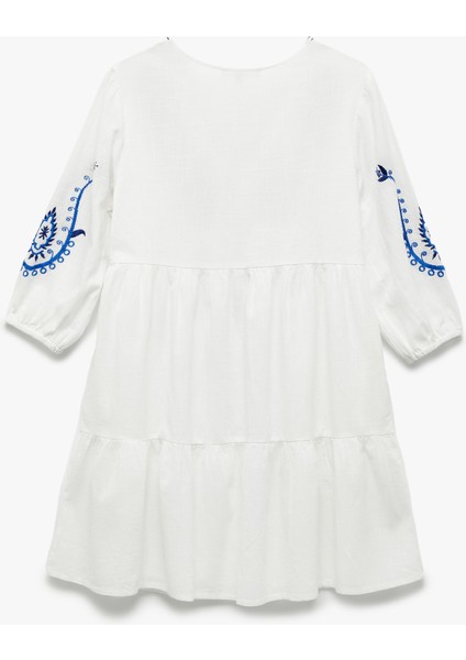 Pamuklu Bol Kalıp Astarlı Nakışlı Etnik Desenli Uzun Balon Kollu V Yaka Elbise fırsatları