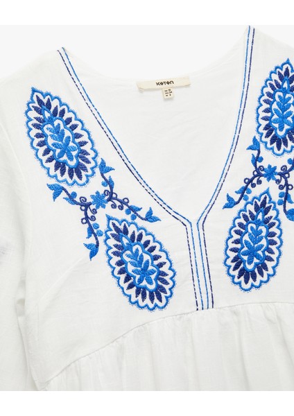 Pamuklu Bol Kalıp Astarlı Nakışlı Etnik Desenli Uzun Balon Kollu V Yaka Elbise indirimleri