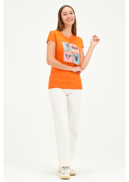 Bisiklet Yaka Kısa Kollu Normal Size Baskılı Basic Kadın T-Shirt 20601 Oranj