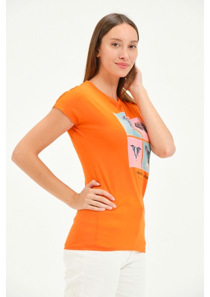 Bisiklet Yaka Kısa Kollu Normal Size Baskılı Basic Kadın T-Shirt 20601 Oranj fiyatları
