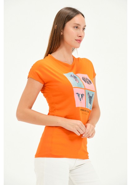 Bisiklet Yaka Kısa Kollu Normal Size Baskılı Basic Kadın T-Shirt 20601 Oranj modelleri