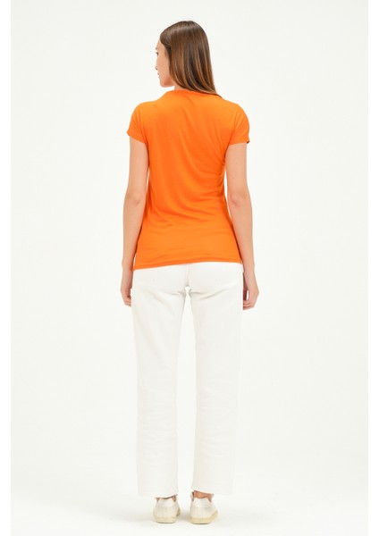 Bisiklet Yaka Kısa Kollu Normal Size Baskılı Basic Kadın T-Shirt 20601 Oranj fırsatları