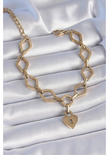 316L Çelik Gold Renk Zincir Model Kilit Kalp Figür Kadın Bileklik