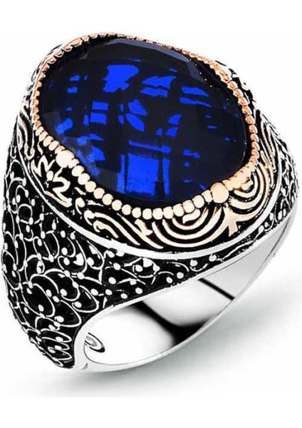 Gümüş Mavi Zirkon Taşlı Erkek Yüzük - 20