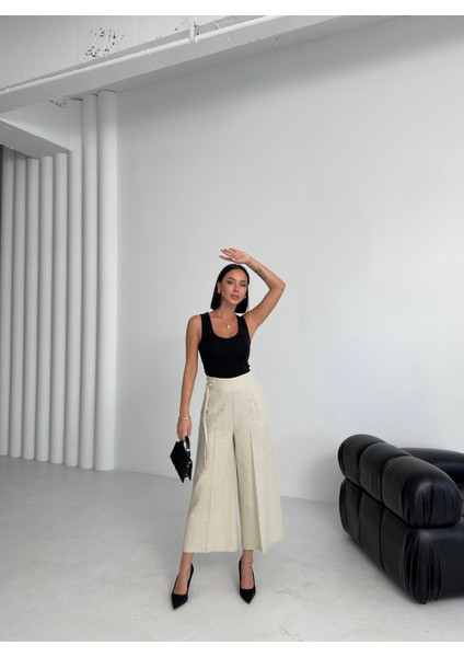 Kadın Keten Toka Detaylı Bilek Boy Wide Leg Pantolon