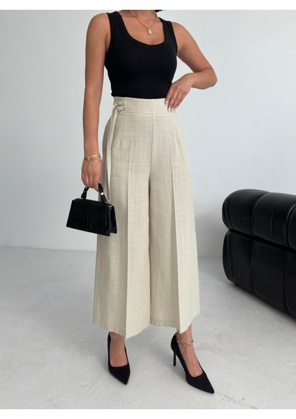 Kadın Keten Toka Detaylı Bilek Boy Wide Leg Pantolon modelleri