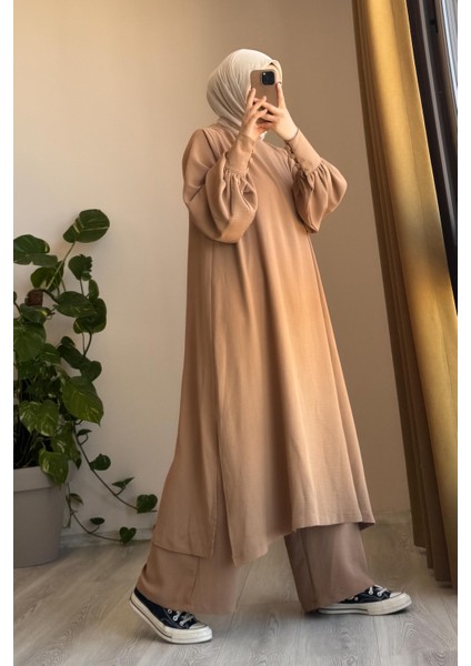 Manşet Detaylı Pantolonlu Takım - Sütlü kahve