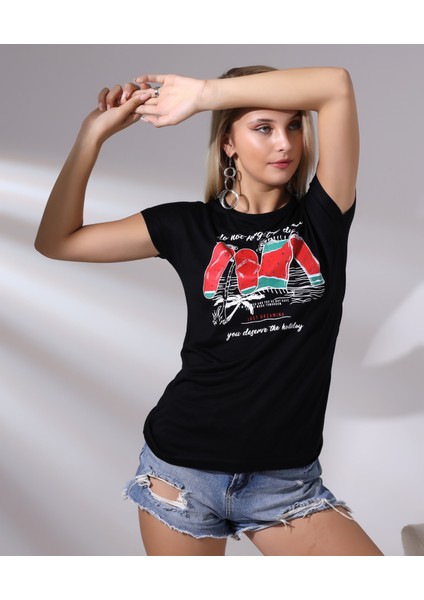 Bisiklet Yaka Kısa Kollu Normal Size Baskılı Basic Kadın T-Shirt 20479 Siyah fiyatları