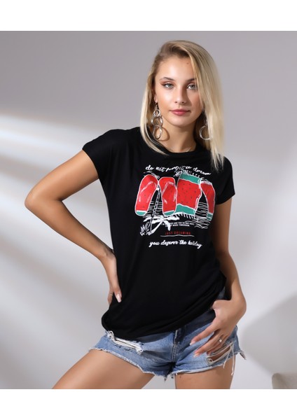 Bisiklet Yaka Kısa Kollu Normal Size Baskılı Basic Kadın T-Shirt 20479 Siyah modelleri